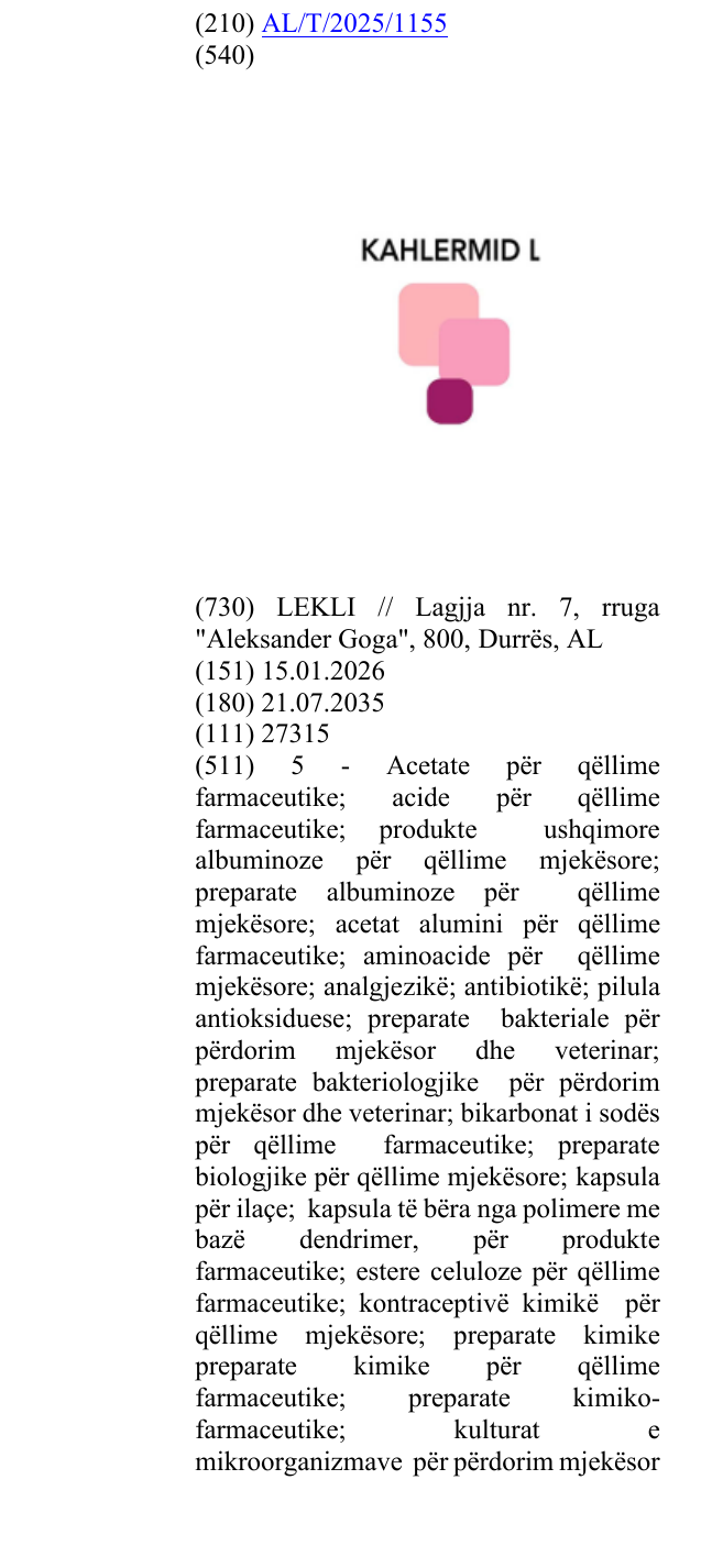 Zëri i markës KAHLERMID L në buletin