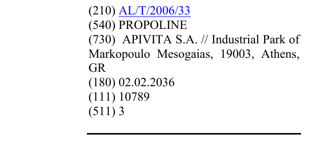Zëri i markës PROPOLINE në buletin