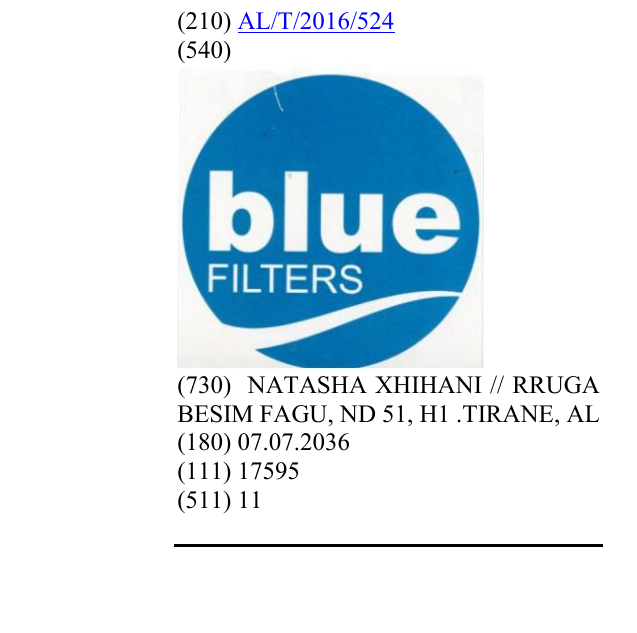 Zëri i markës Blue FILTERS AL në buletin