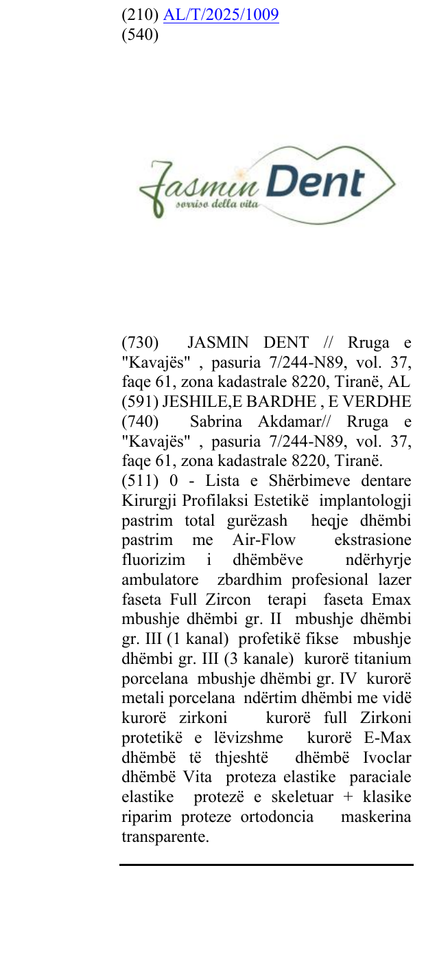Zëri i markës JASMIN DENT në buletin