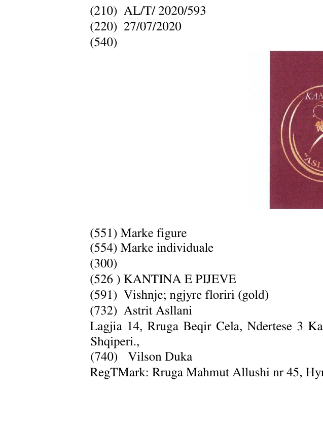 Zëri i markës KANTINA E PIJEVE në buletin