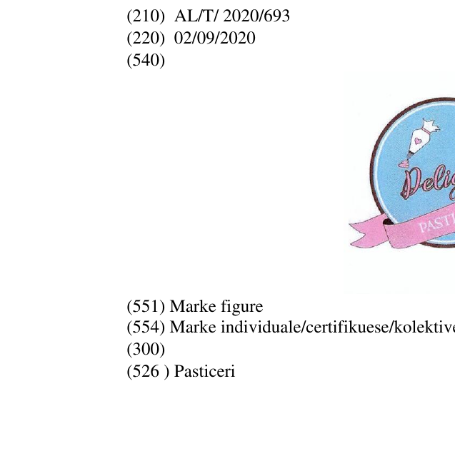 Zëri i markës Pasticeri Buletini i Pronësisë Industriale 41 në buletin