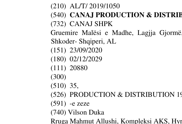 Zëri i markës CANAJ PRODUCTION & DISTRIBUTION 1994 në buletin