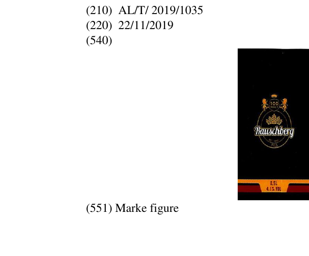 Zëri i markës Pershkrimi ne te djathte mbi perberesit; barkodi; 0.5 l; alkool 4.1 % Bier-Birre, 100 malt, est. 1999, pils, sasia neto: 0.33L në buletin