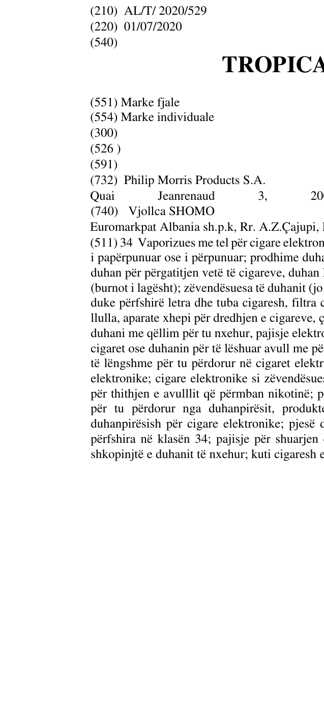Zëri i markës TROPICAL SWIFT në buletin