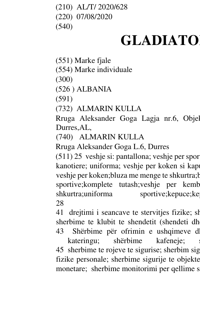 Zëri i markës GLADIATOR ALBANIA në buletin