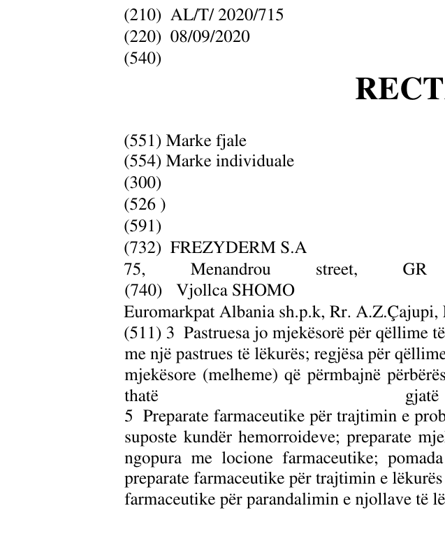 Zëri i markës RECTANAL në buletin
