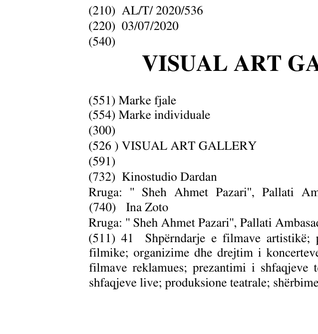 Zëri i markës VISUAL ART GALLERY ''V.A.G'' në buletin