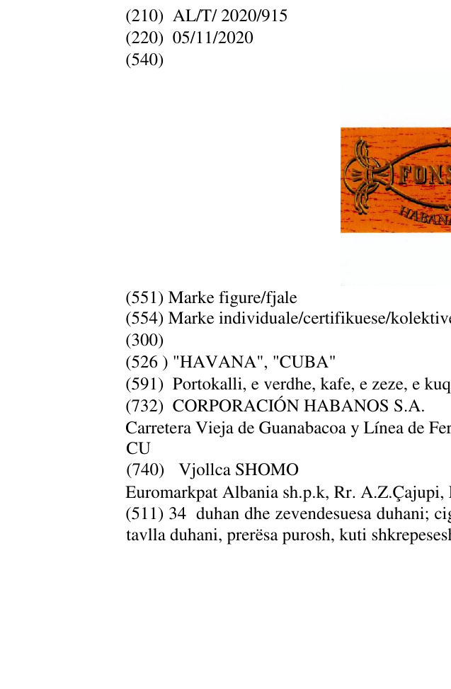 Zëri i markës "HAVANA", "CUBA" në buletin
