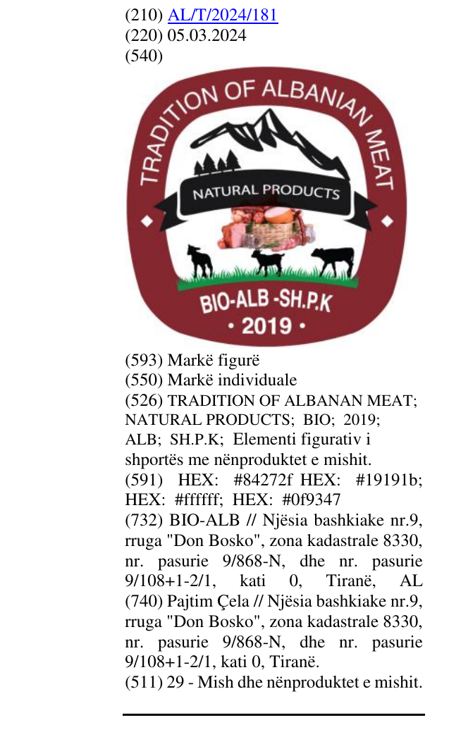 Zëri i markës TRADITION OF ALBANAN MEAT ; NATURAL PRODUCTS ; BIO; 2019; ALB; SH.P.K; Elementi figurativ i shportës me nënproduktet e mishit. në buletin