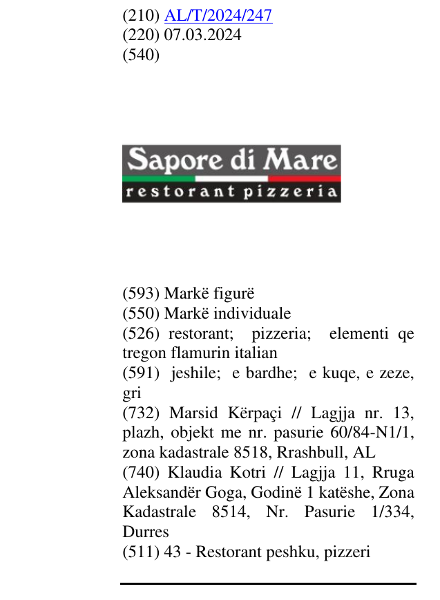 Zëri i markës restorant; pizzeria; elementi qe tregon flamurin italian në buletin