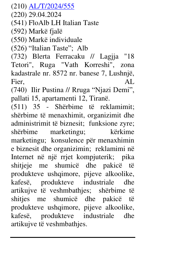 Zëri i markës “Italian Taste”; Alb në buletin