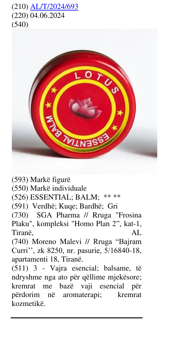 Zëri i markës ESSENTIAL; BALM; ** ** në buletin