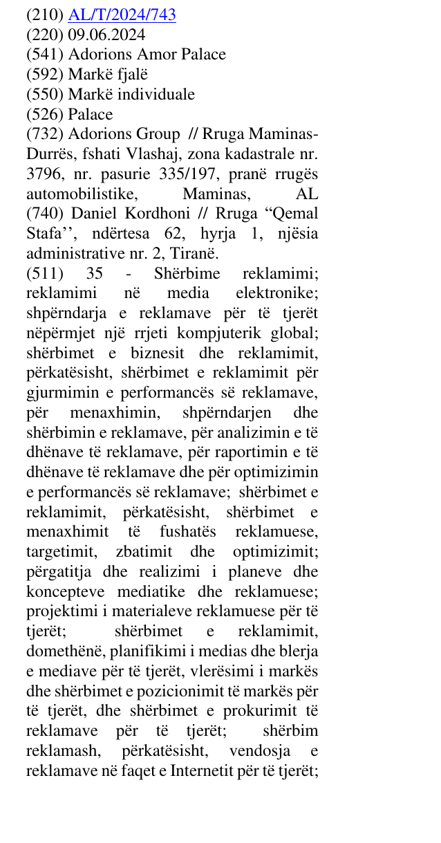 Zëri i markës Palace në buletin