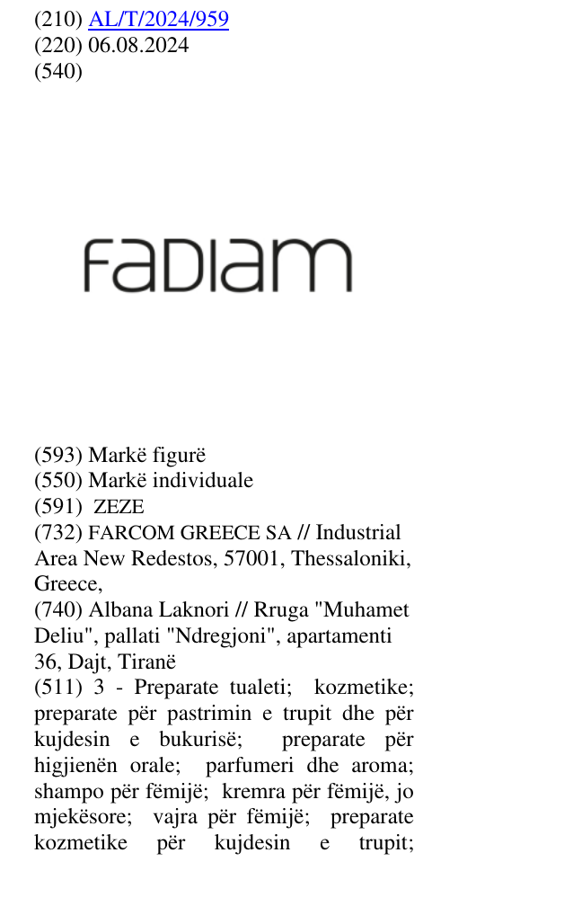 Zëri i markës FADIAM në buletin