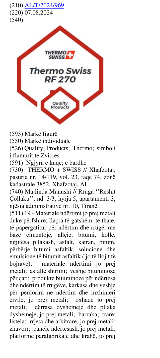 Zëri i markës Quality; Products; Thermo; simboli i flamurit te Zvicres në buletin