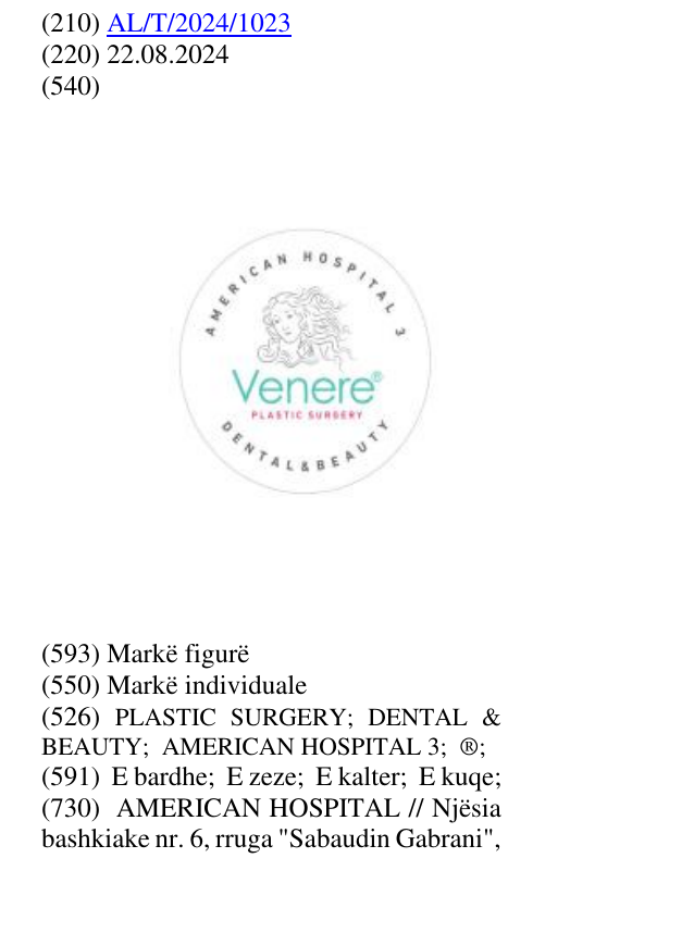 Zëri i markës PLASTIC SURGERY; DENTAL & BEAUTY; AMERICAN HOSPITAL 3; ®; në buletin