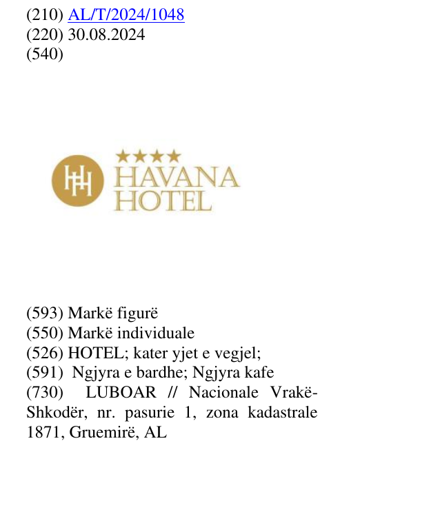 Zëri i markës HOTEL; kater yjet e vegjel; në buletin