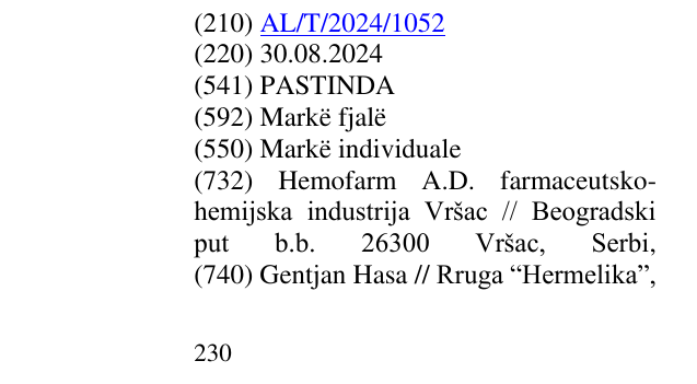 Zëri i markës PASTINDA në buletin