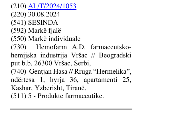 Zëri i markës SESINDA në buletin