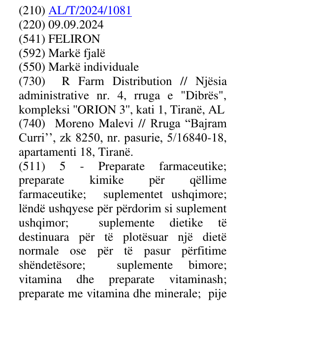 Zëri i markës FELIRON në buletin