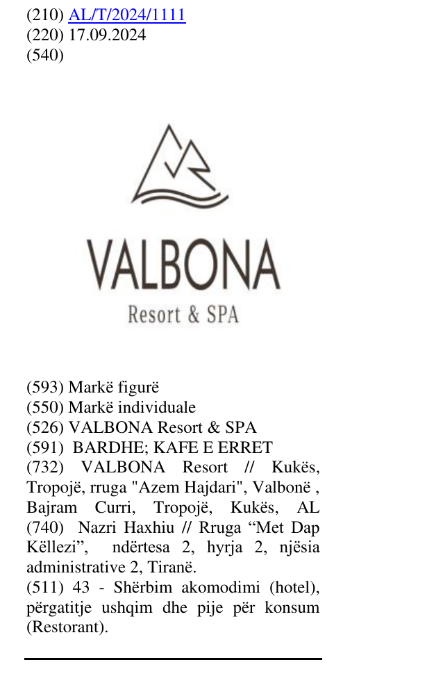 Zëri i markës VALBONA Resort & SPA në buletin