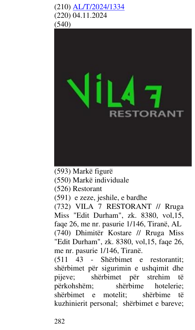 Zëri i markës Restorant në buletin
