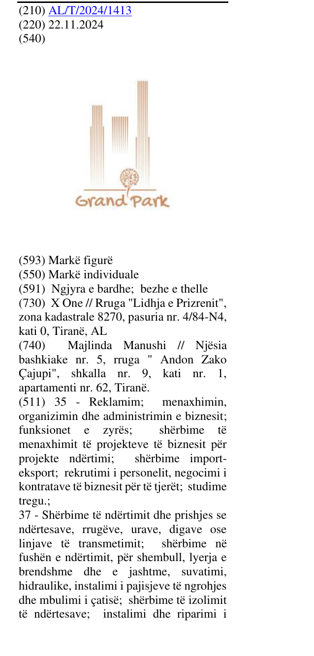 Zëri i markës GRAND PARK në buletin