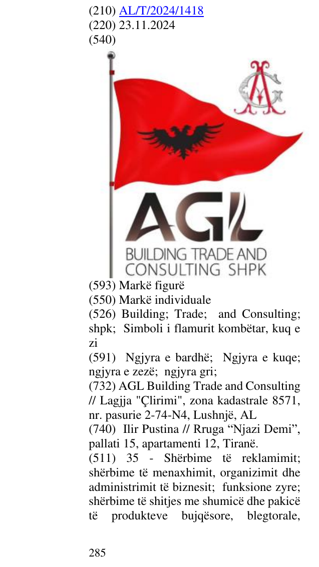 Zëri i markës Building; Trade; and Consulting; shpk; Simboli i flamurit kombëtar, kuq e zi në buletin
