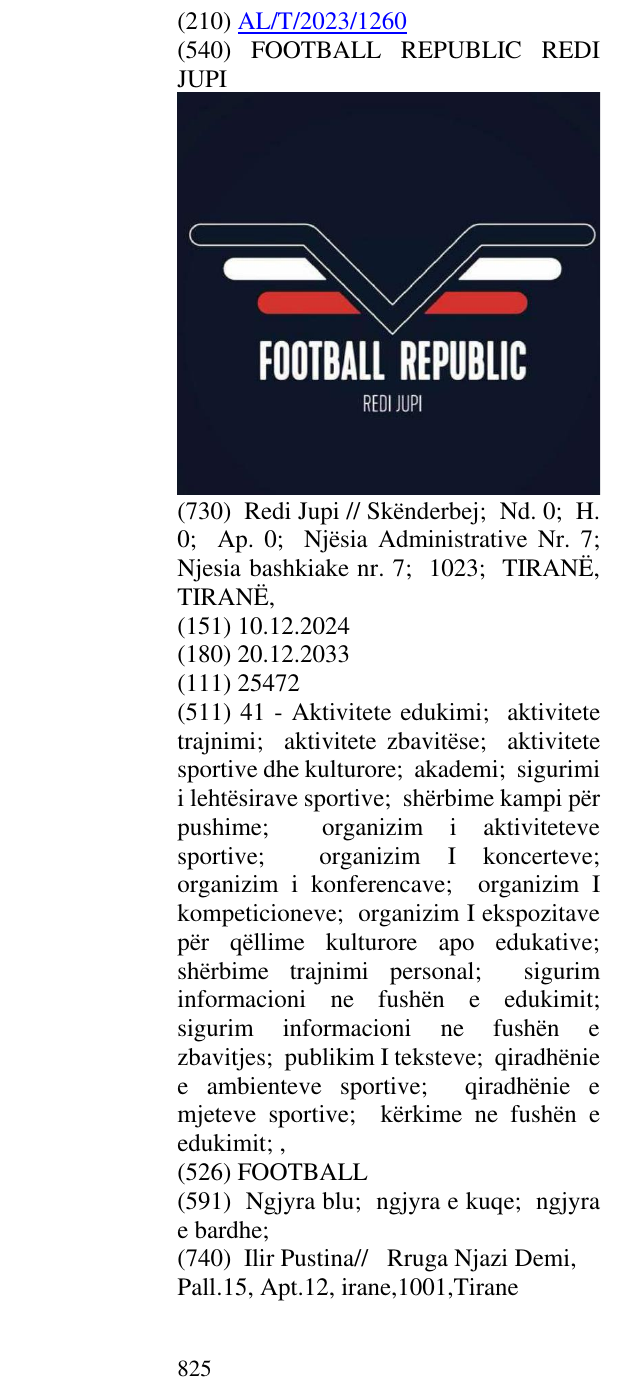 Zëri i markës FOOTBALL REPUBLIC REDI JUPI në buletin