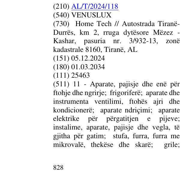 Der Eintrag der Marke VENUSLUX im Bulletin