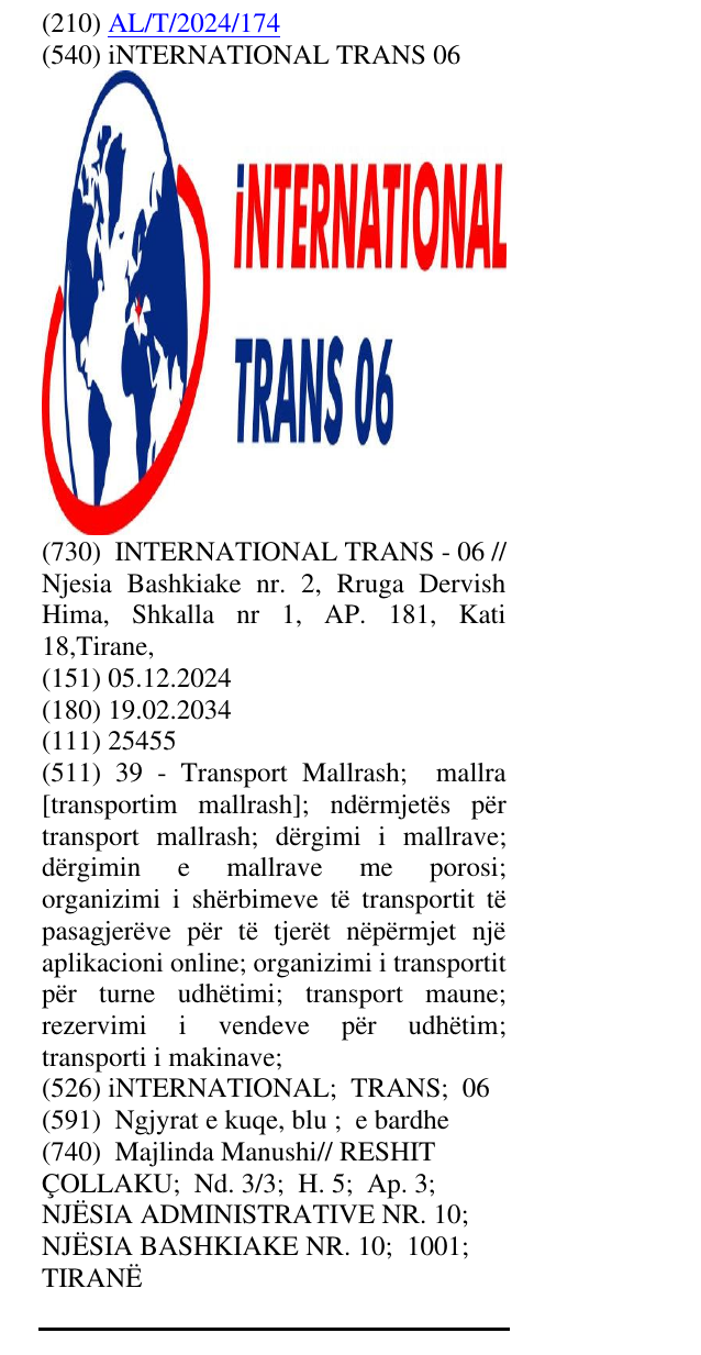 Zëri i markës iNTERNATIONAL TRANS 06 në buletin