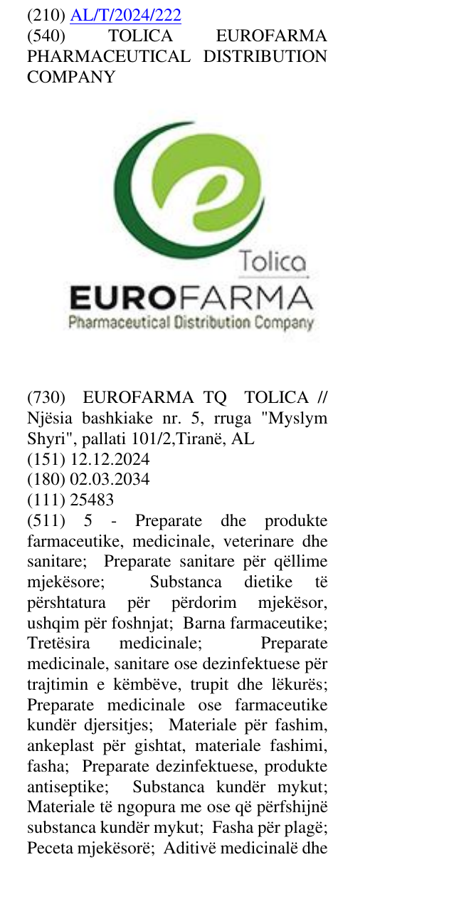 Zëri i markës TOLICA EUROFARMA PHARMACEUTICAL DISTRIBUTION COMPANY në buletin