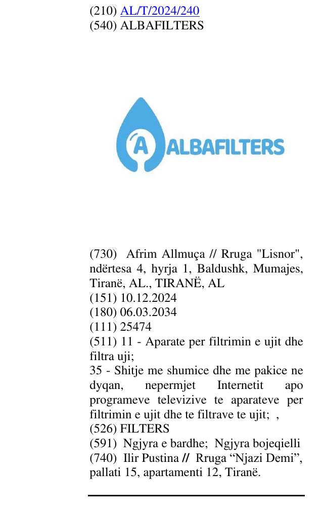 Zëri i markës ALBAFILTERS në buletin
