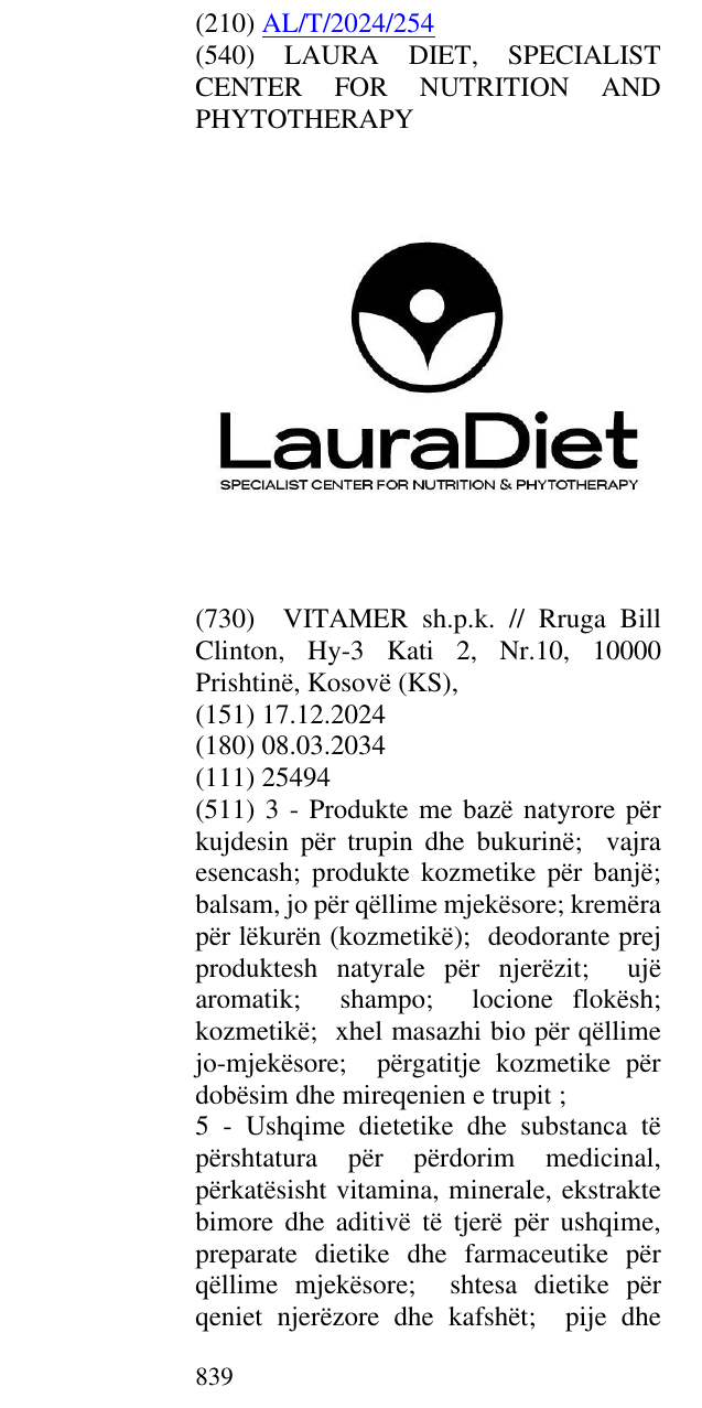 Zëri i markës LAURA DIET, SPECIALIST CENTER FOR NUTRITION AND PHYTOTHERAPY në buletin