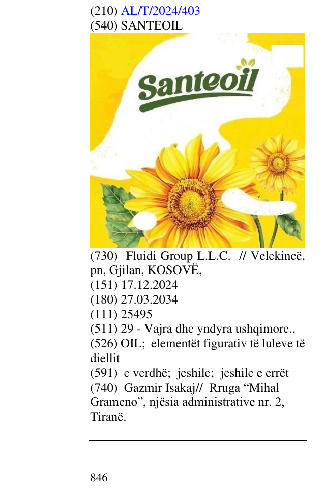 Zëri i markës SANTEOIL në buletin