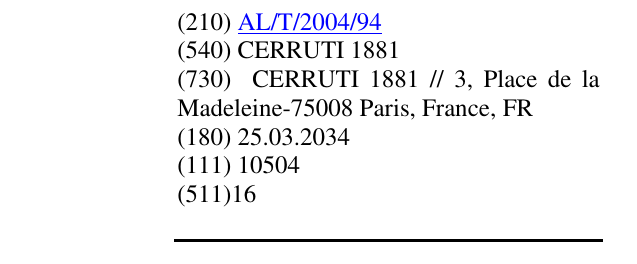 Zëri i markës CERRUTI 1881 në buletin