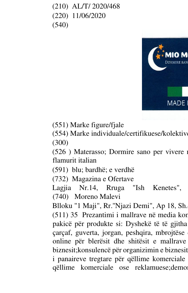 Zëri i markës Materasso; Dormire sano per vivere meglio; Made in Italy; elementet figurativ te flamurit italian në buletin