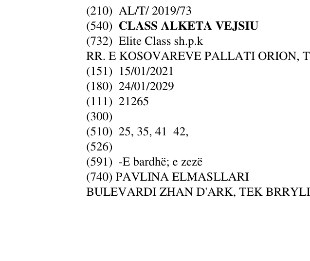 The entry of the trademark CLASS ALKETA VEJSIU in the bulletin