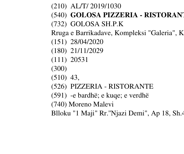 Zëri i markës GOLOSA PIZZERIA - RISTORANTE në buletin