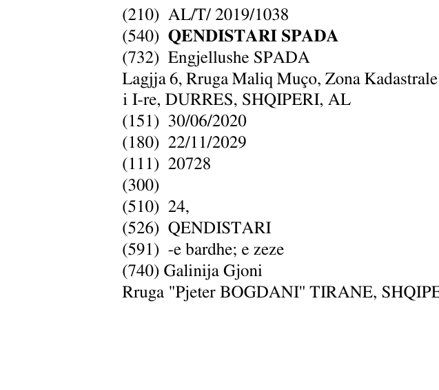 Zëri i markës QENDISTARI SPADA në buletin