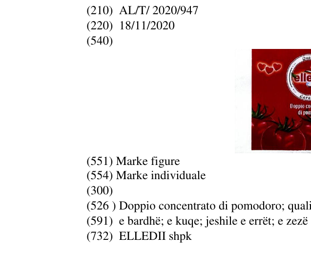 Zëri i markës Doppio concentrato di pomodoro; qualite; garantie; elementët figurativ të domateve në buletin