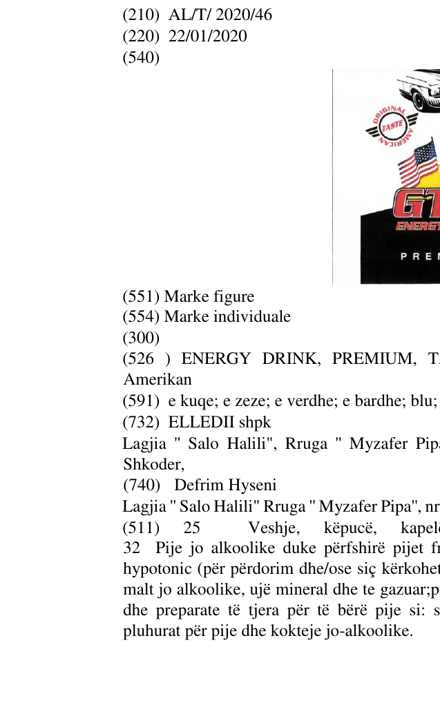 Zëri i markës ENERGY DRINK, PREMIUM, TASTE, ORIGINAL, AMERICAN; Flamuri Amerikan në buletin