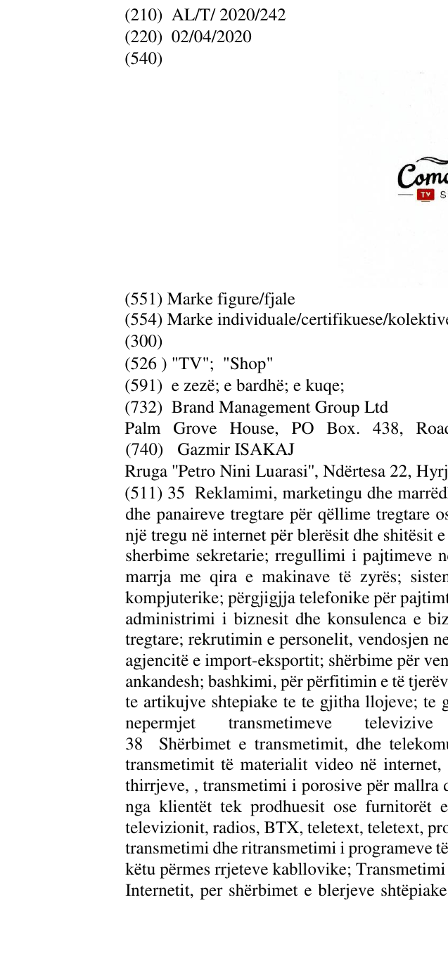 Zëri i markës "TV"; "Shop" në buletin