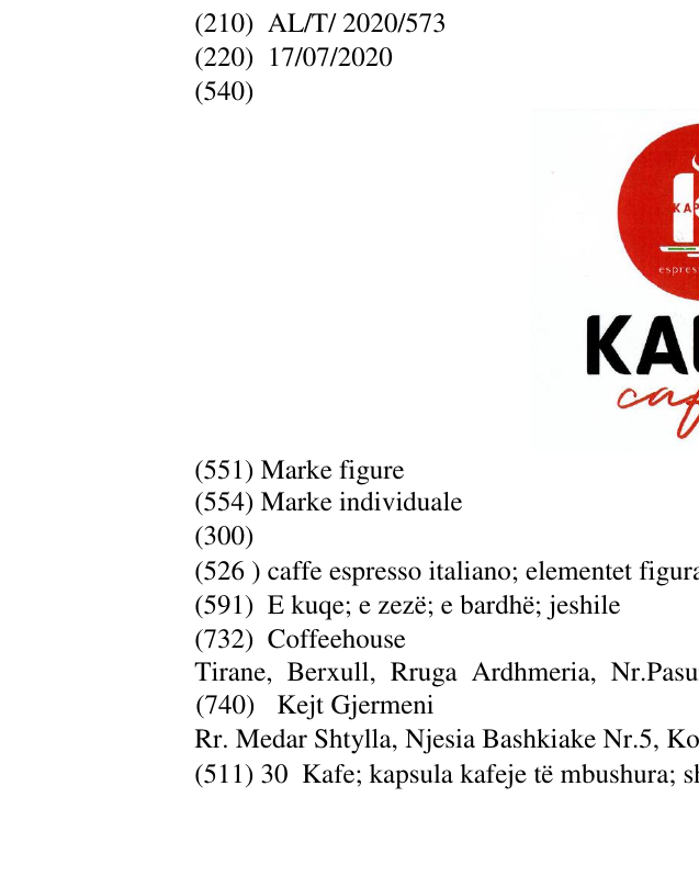 Zëri i markës caffe espresso italiano; elementet figurative te flamurit italian në buletin