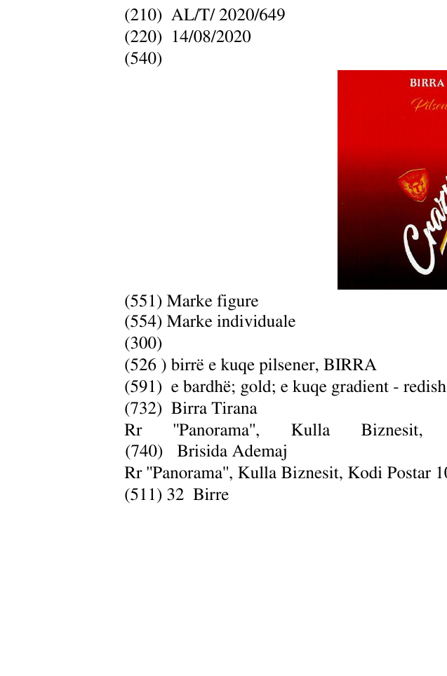 Zëri i markës birrë e kuqe pilsener, BIRRA në buletin