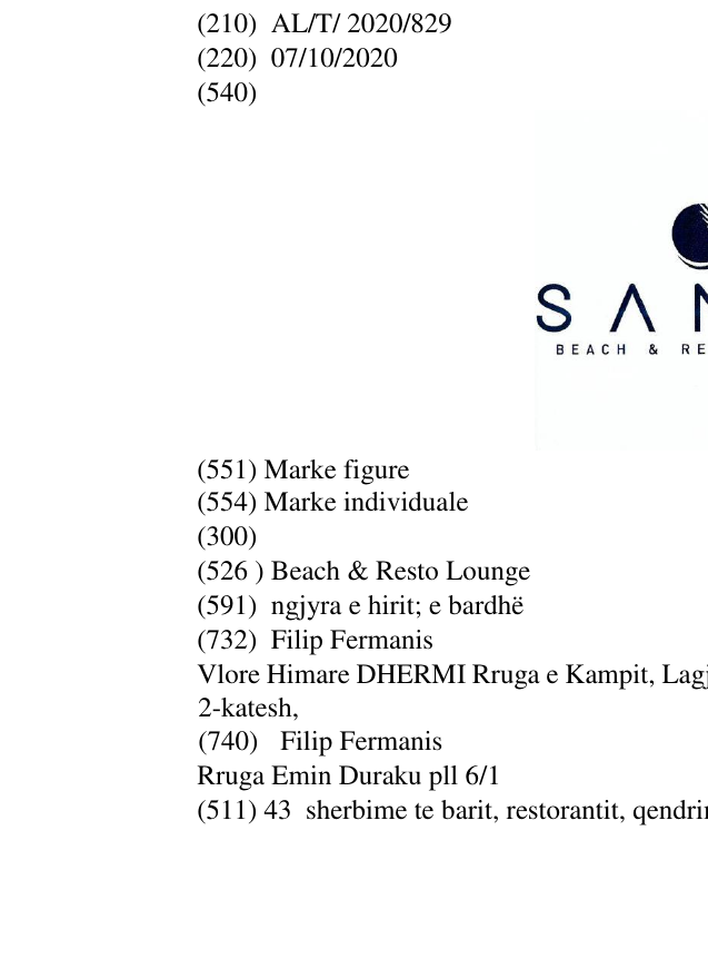 Zëri i markës Beach & Resto Lounge në buletin