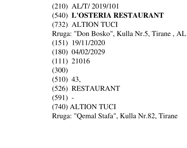 Zëri i markës L'OSTERIA RESTAURANT në buletin