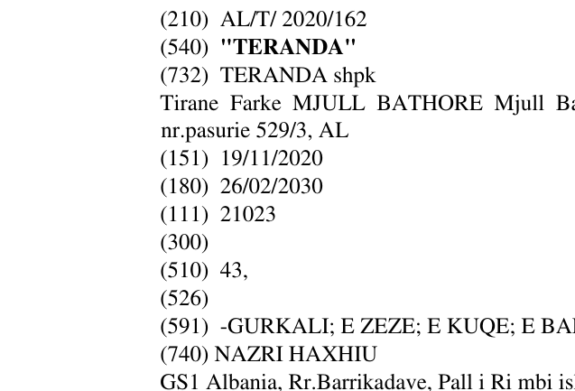 Zëri i markës "TERANDA" në buletin