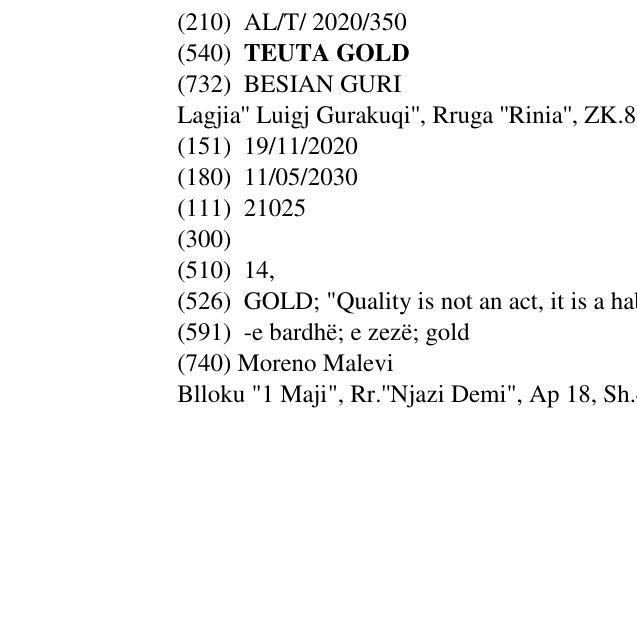Zëri i markës TEUTA GOLD në buletin